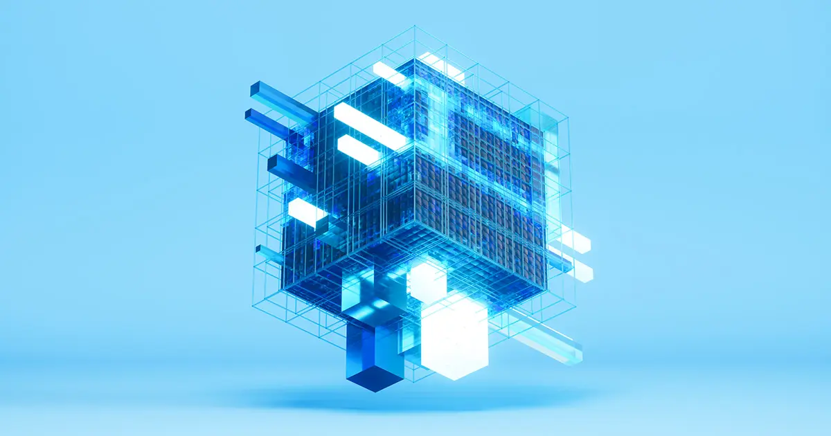 futuristic cube with protruding prisms and lights