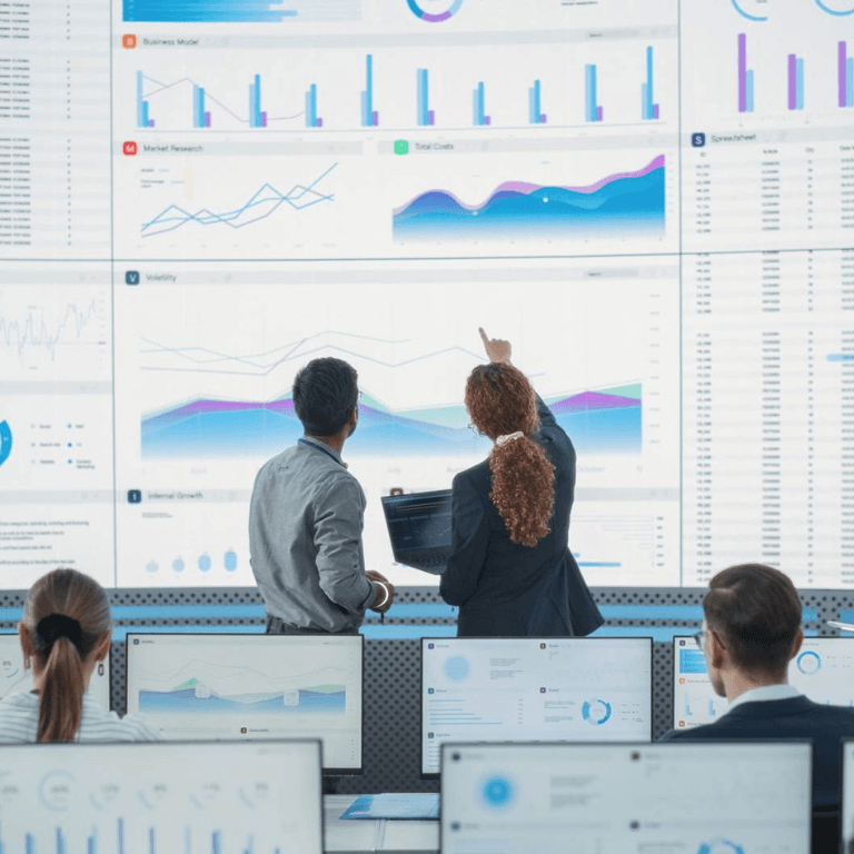 people in a control room with data on a big screen pointing at the data
