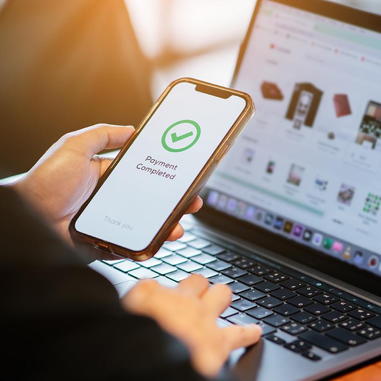 person using phone to pay for online purchase