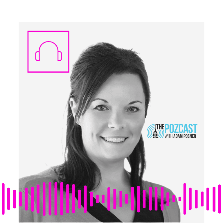 tanya moore headshot with soundwave graphic and the pozcast podcast logo overlays
