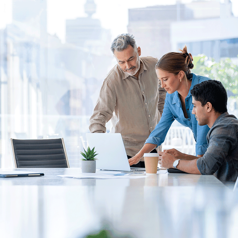 coworkers looking over a laptop