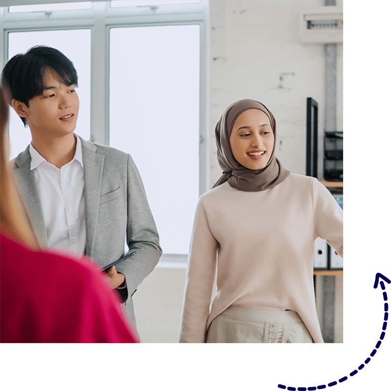 Man and woman standing in an office setting