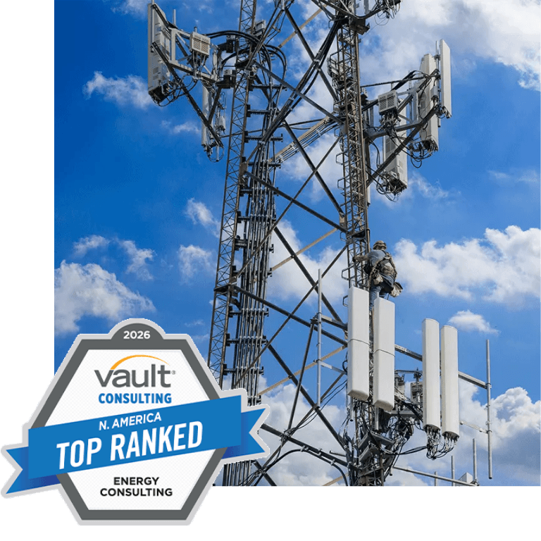 image of a telecom tower with the vault top energy consultants award logo in the bottom corner