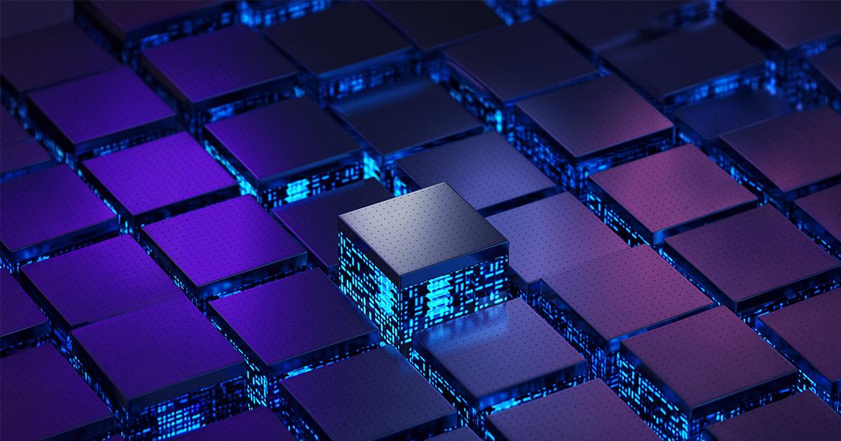 futuristic cube rising from a layer of other cubes